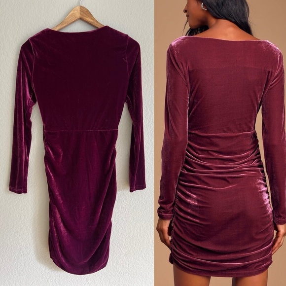 NWOT True Heart Mauve Purple Velvet Ruched Long Sleeve Bodycon Dress - Picture 3 of 7